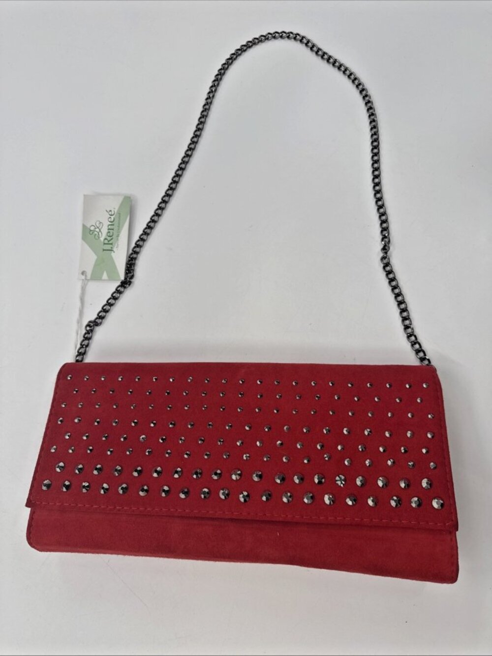J Renee Suede Purse Red Crystal Accents Crossbody Chain Evening Party $119 NEW